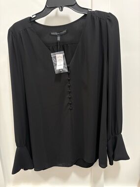 White House Black Market Black V-Neck Long Sleeve Blouse with Covered Buttons